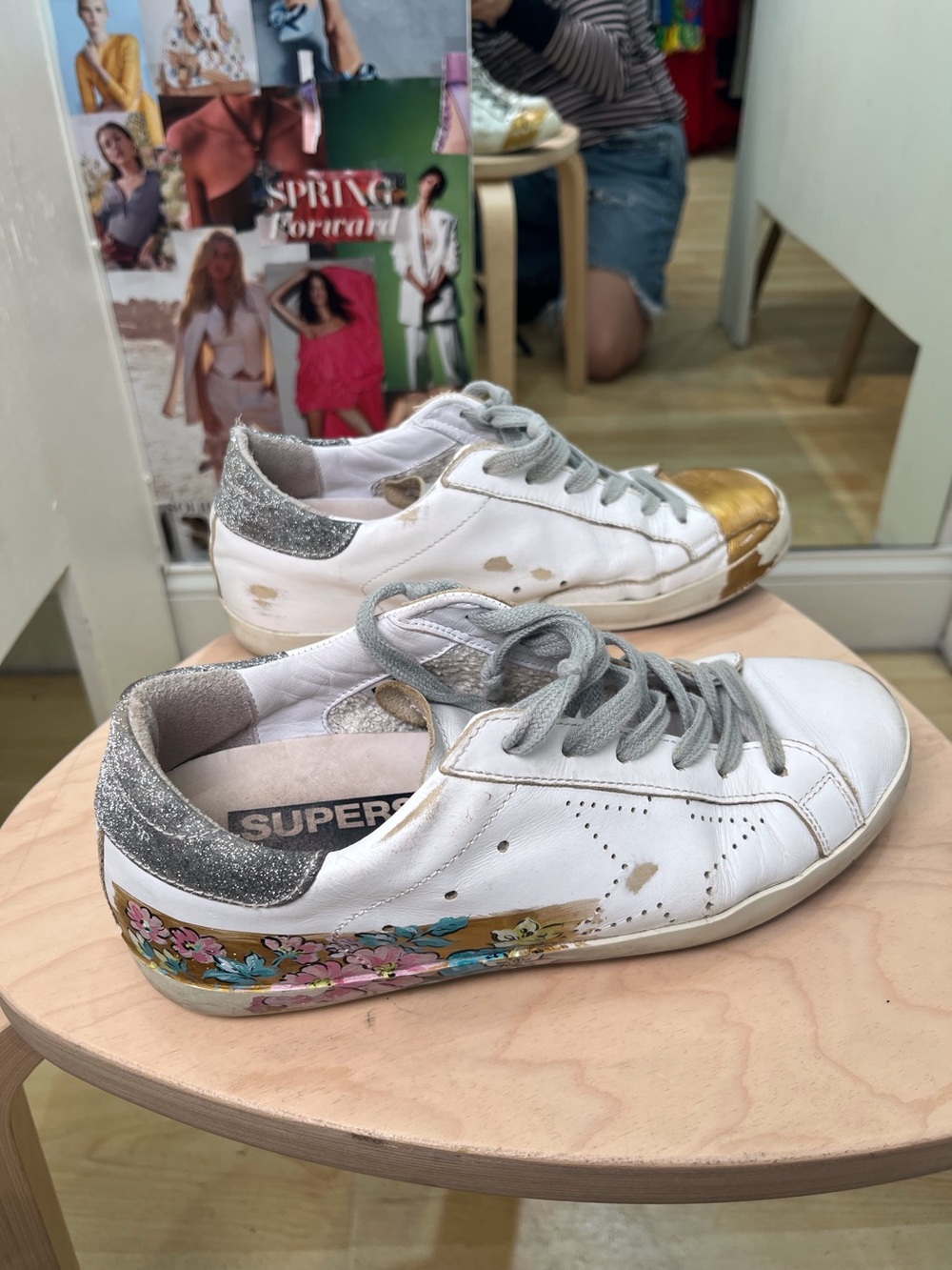 Golden Goose White Leather Sneakers with Floral Side Art and Gold Toe - Picture 4 of 5